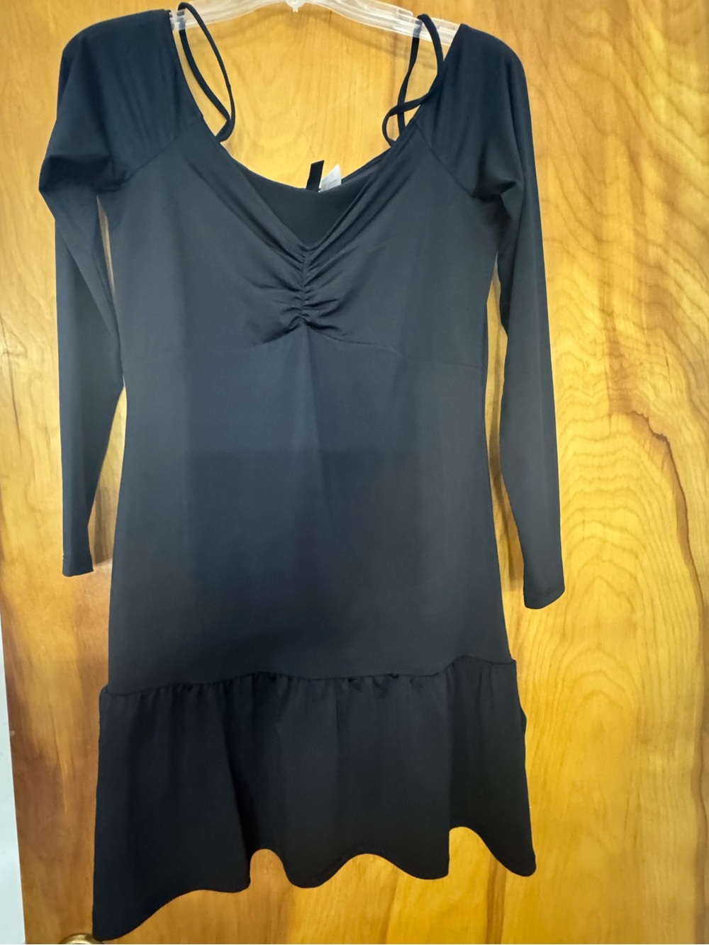H&M Black Long-Sleeve Ruched V-Neck Ruffle-Hem Dress